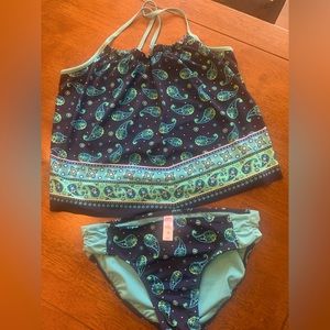 Justice two piece paisley navy and light turquoise bathing suit